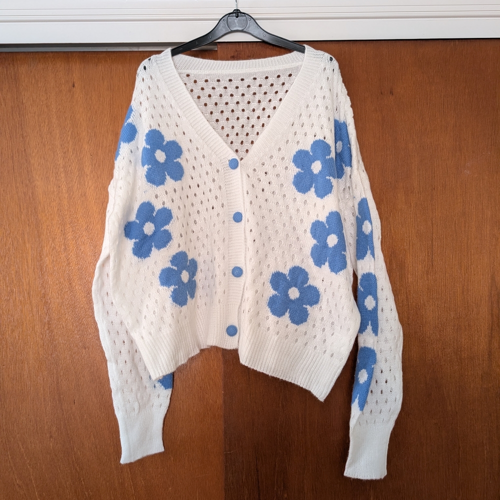 Women's Chic Floral Cardigan - Cream and Blue